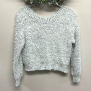 Urban Outfitters Open V-Back Blue Off White Long Sleeve Fuzzy Crop Sweater S